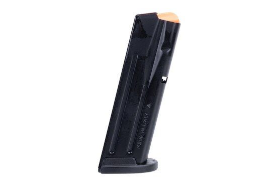 The Sig P250 Compact 15 round magazine features a slick black finish and side witness holes